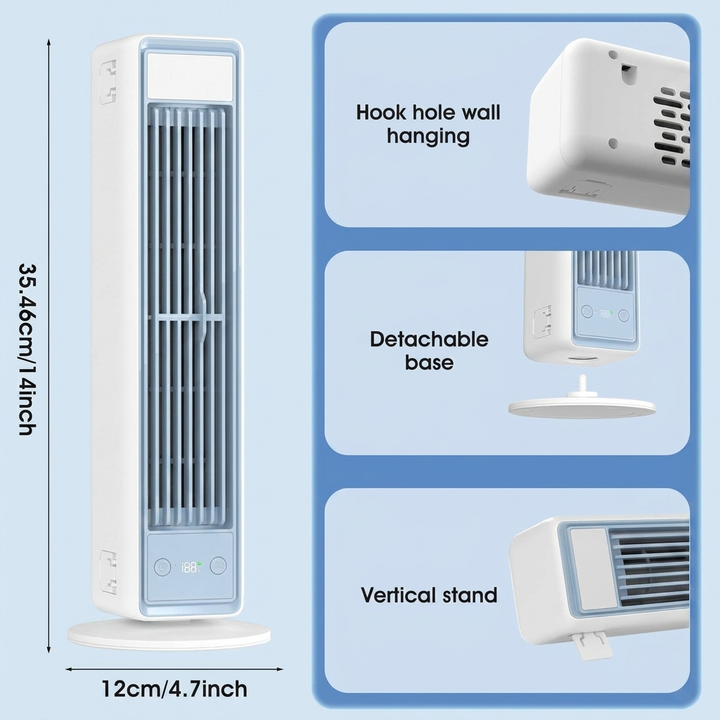 Efficient portable bladeless fan, remote-controlled, offering quiet cooling for home or office.