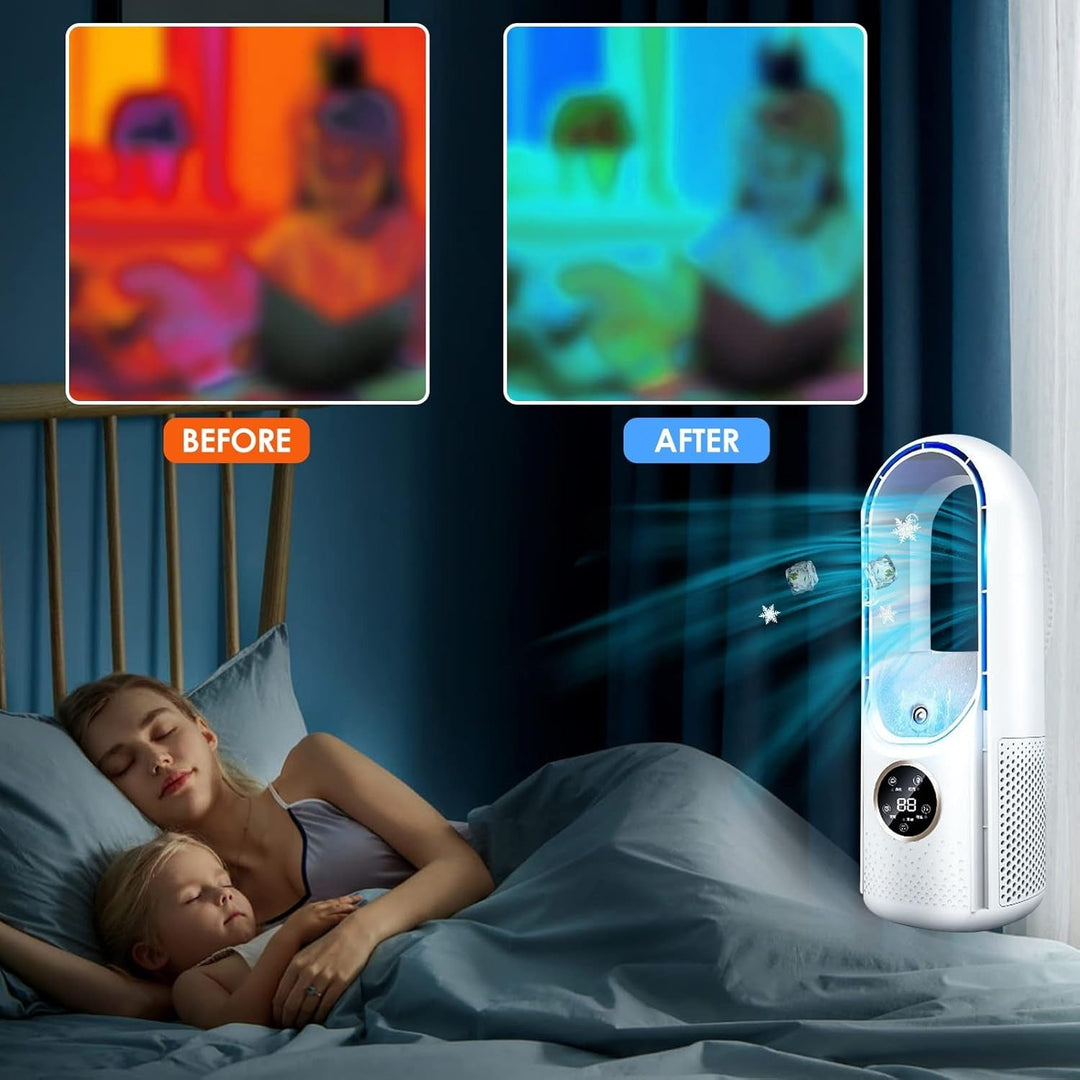 Silent bladeless personal air conditioner, ensuring quiet comfort for your workspace.