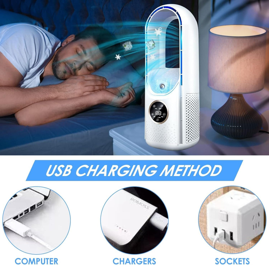 Quiet desk fan, a portable bladeless AC for efficient office & personal space cooling.