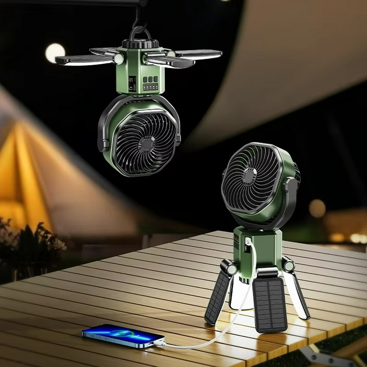 Portable camping fan with solar power & bright LED light. Ideal for tents, hiking, and outdoor adventures. Rechargeable & unisex.