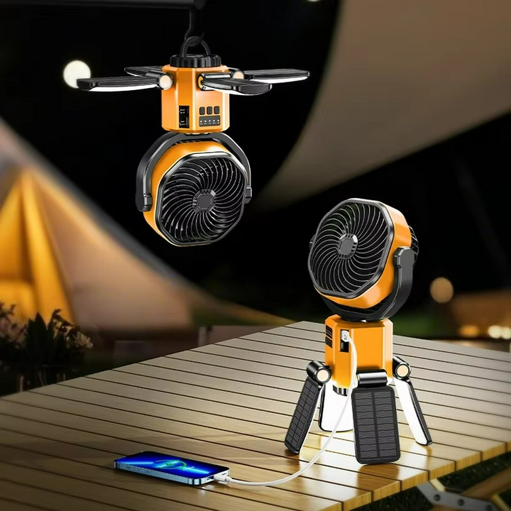 Multifunctional solar camping fan with LED emergency light. Essential outdoor gear for travel, hiking, and tent use. Unisex.
