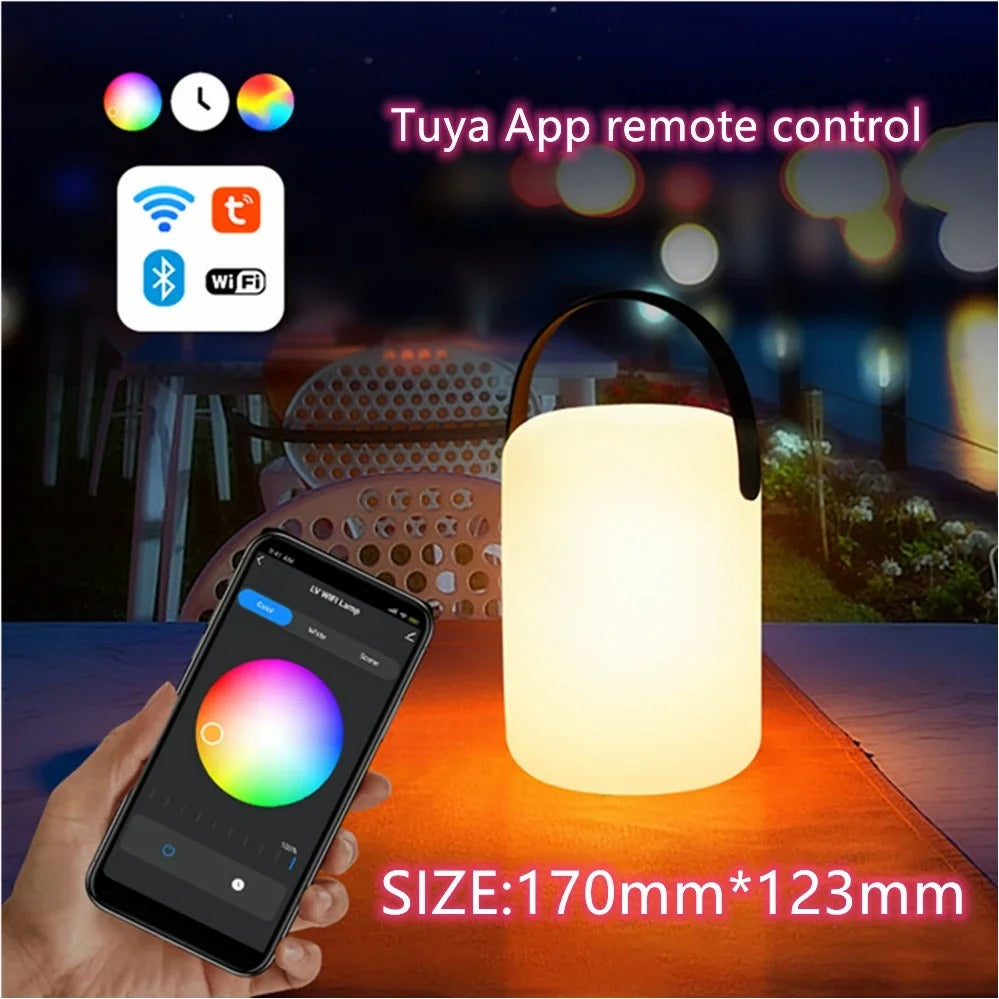 Portable cordless LED lamp with remote, perfect for indoor & outdoor ambient lighting.