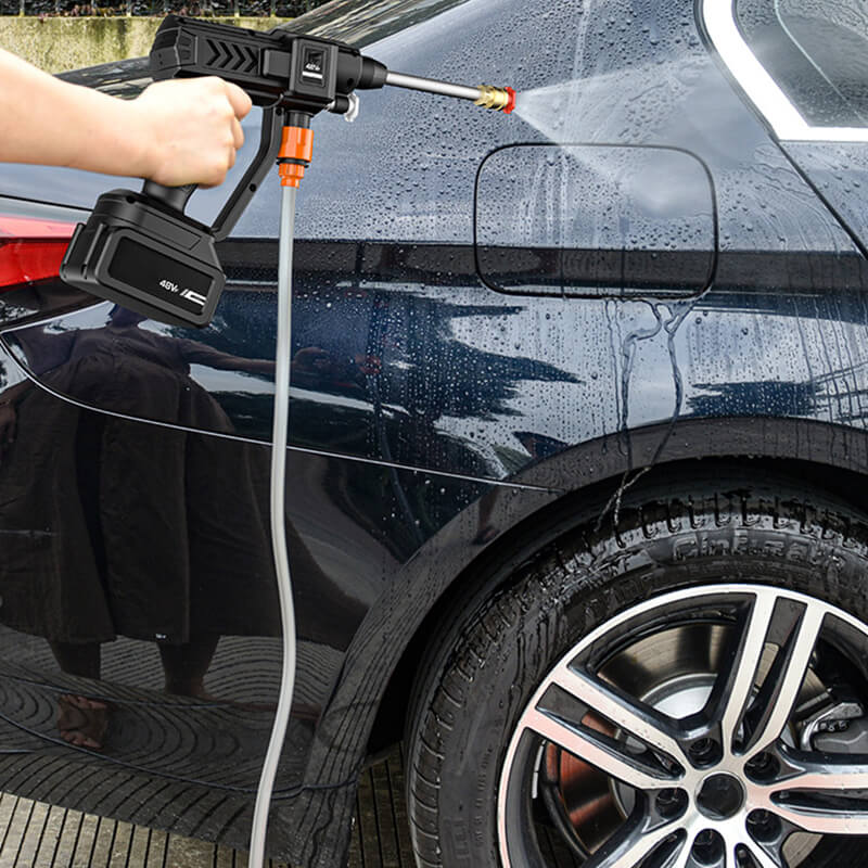 Cordless power washer making car cleaning easy. High-pressure spray, long battery life, perfect for vehicles.