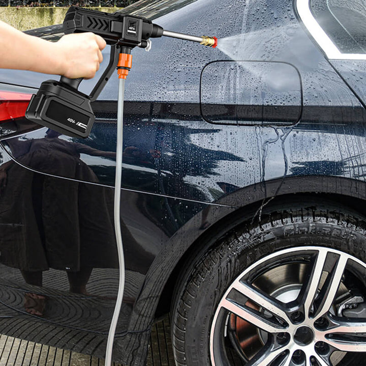 Cordless power washer making car cleaning easy. High-pressure spray, long battery life, perfect for vehicles.