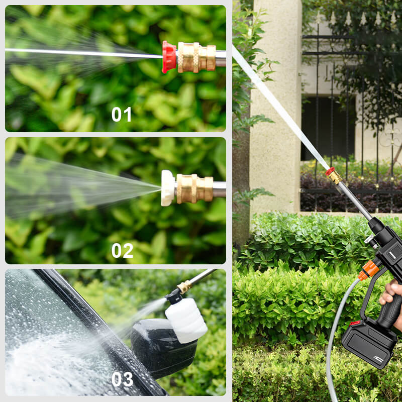 Battery-powered portable washer for garden, patio & driveway cleaning. Efficient 3-in-1 nozzle & high pressure.