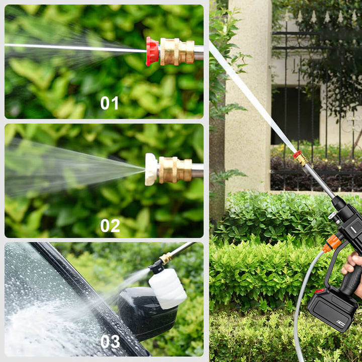 Battery-powered portable washer for garden, patio & driveway cleaning. Efficient 3-in-1 nozzle & high pressure.