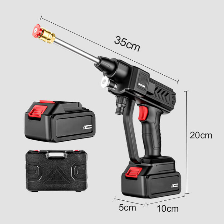 Compact battery-powered portable pressure washer. Features a 3-in-1 nozzle for versatile use, long battery life.