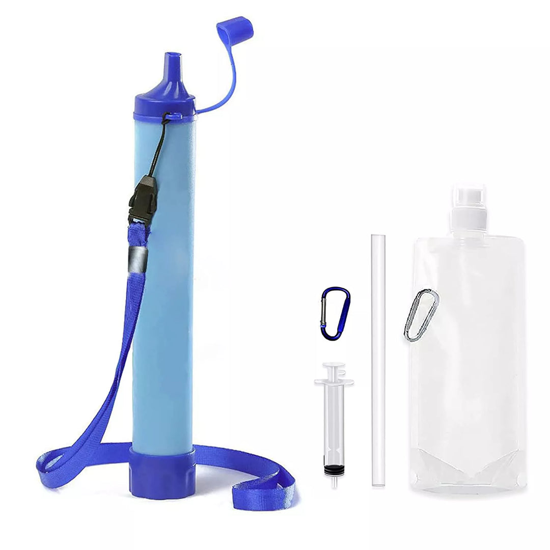 Portable emergency water filter for outdoor survival. Essential hydration gear for camping, hiking, and emergencies.