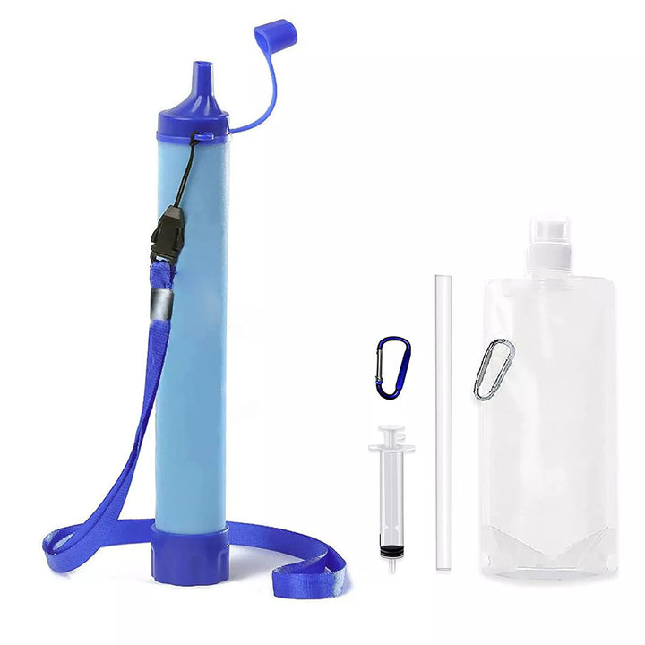 Portable emergency water filter for outdoor survival. Essential hydration gear for camping, hiking, and emergencies.