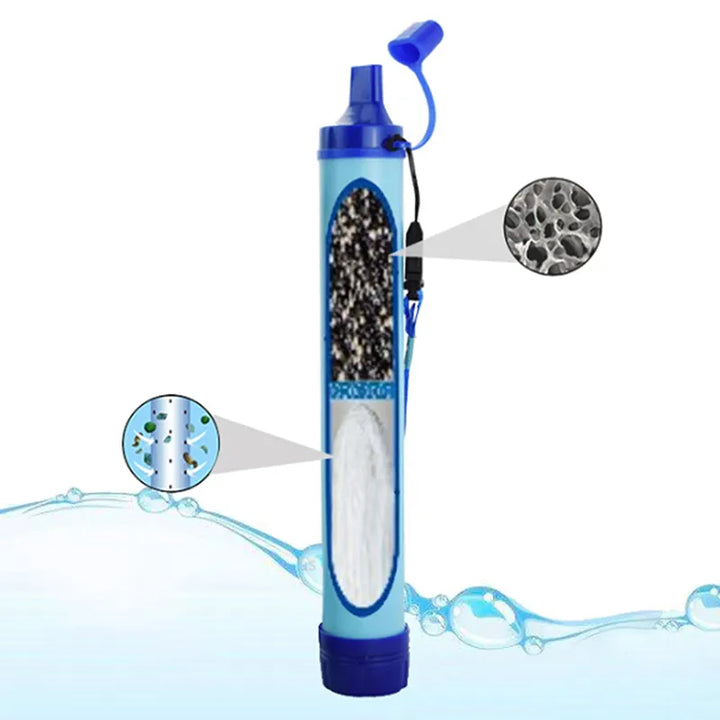 Survival water filter purifying outdoor water for safe hydration. Portable gear for emergency, camping, and hiking.