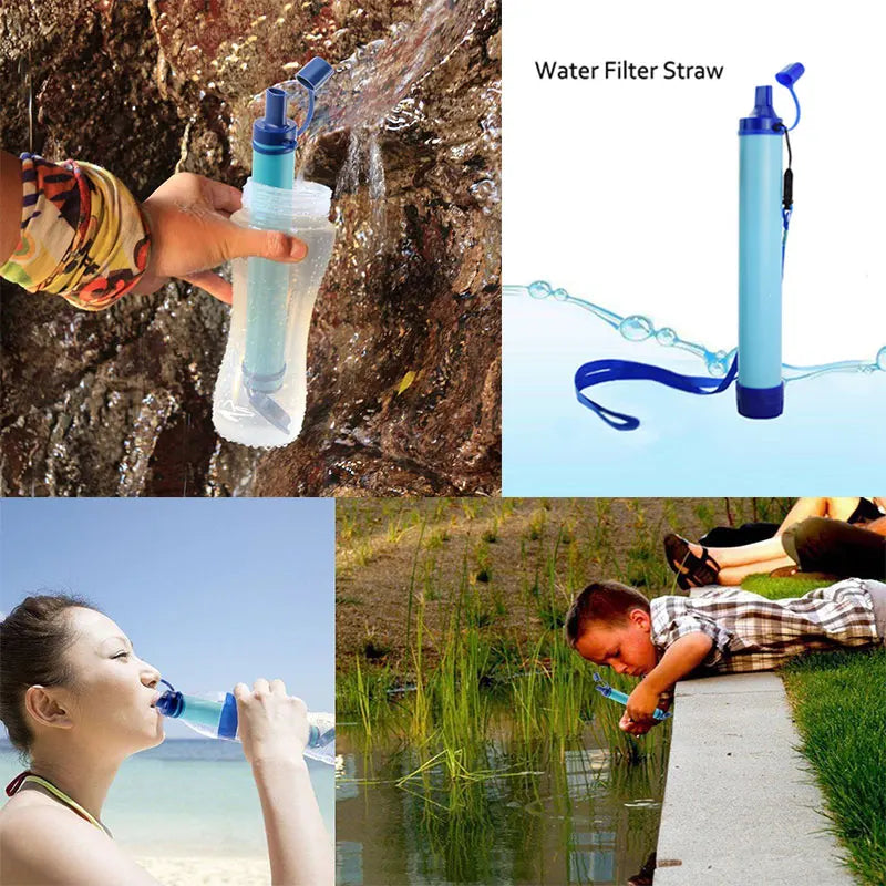 Compact portable water filter device for emergency survival. Provides clean drinking water for hiking, camping.