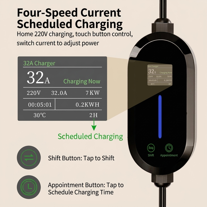 Portable EV charging gun and coiled cable, compact for easy storage in an electric car.