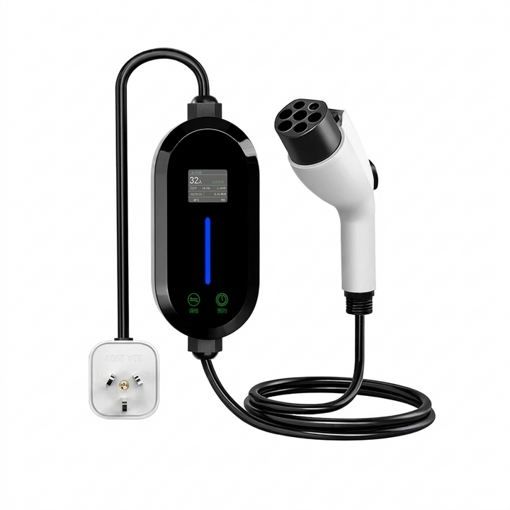 Complete portable EV charging kit with gun, cable, and plug for electric car.