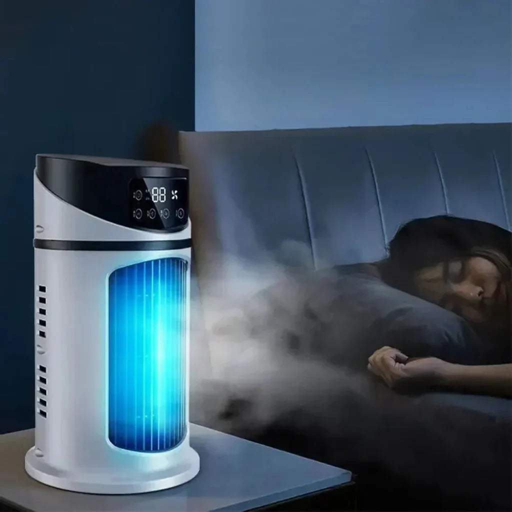 Portable evaporative air cooler fan with 6 speeds, ideal for personal desk or small room cooling.