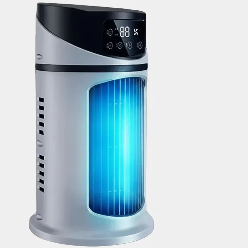 Compact evaporative air cooler & humidifier with 6 speeds, perfect for refreshing your office or home.