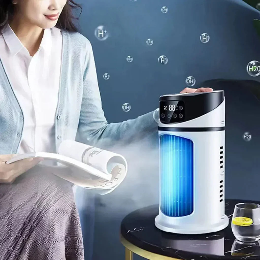 Unisex desktop evaporative air cooler fan for personal comfort in small spaces, office, or bedroom.