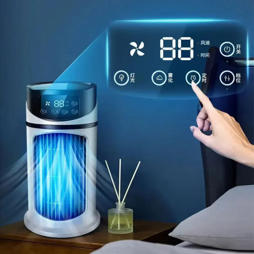Efficient portable air cooler fan, 6 speeds, provides refreshing summer cooling & humidification.