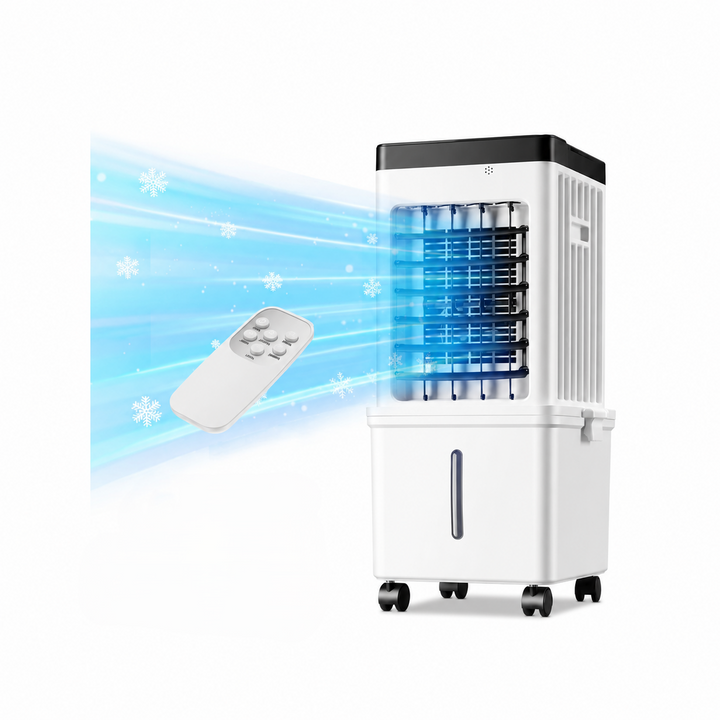 Portable evaporative air cooler for home with 12L tank & remote control. Ideal for summer comfort.