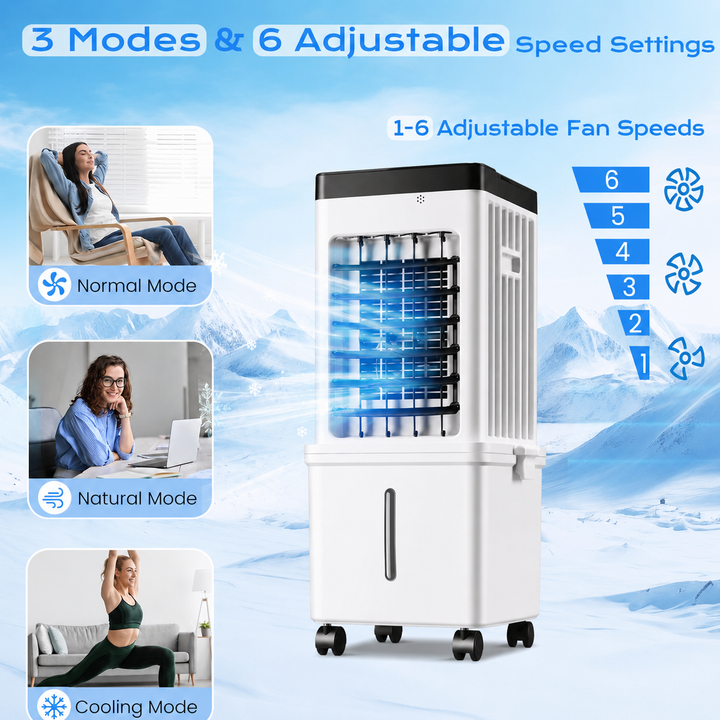 Efficient evaporative room cooler. Portable design with large 12L water tank for extended home cooling.