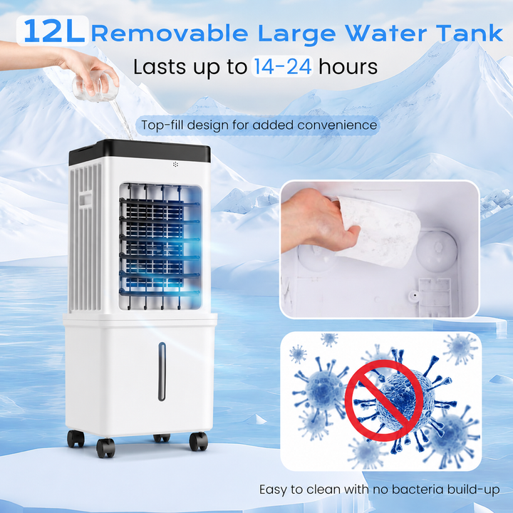 Sleek portable evaporative air cooler. Compact design for easy movement, offering personal room cooling.