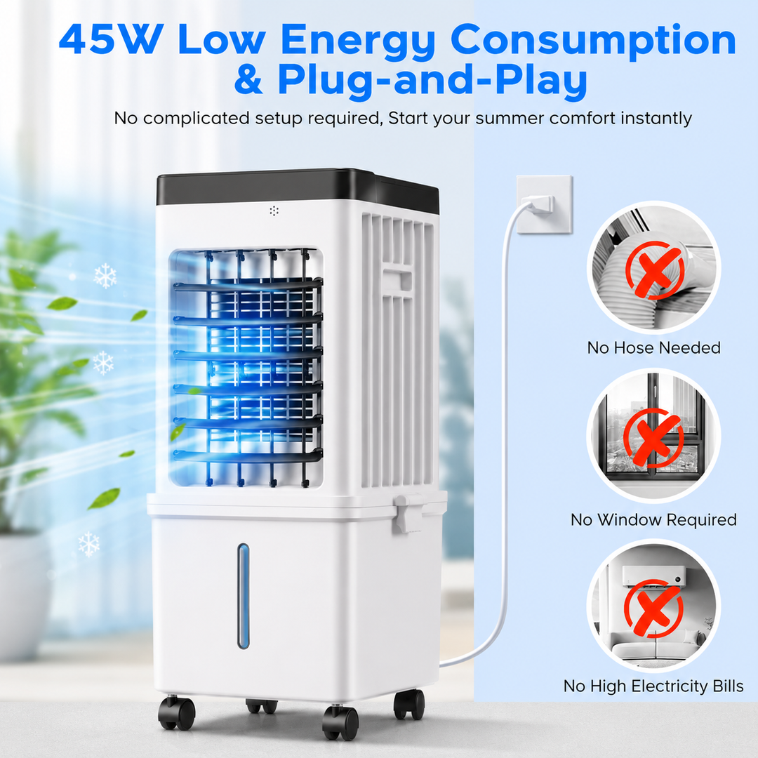 12L evaporative air cooler with easy-fill tank. Remote control for convenient, quiet home cooling.