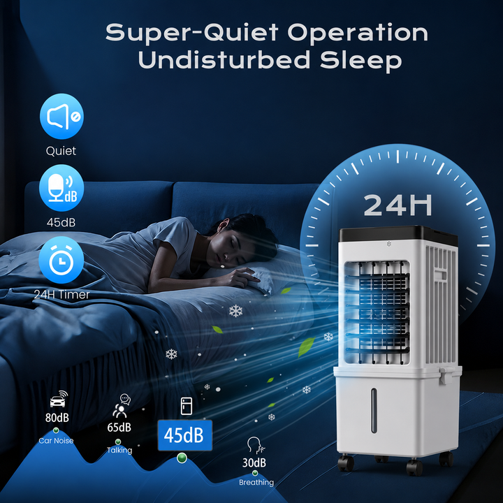 Stay cool with this portable evaporative air cooler. Perfect for summer comfort & efficient home cooling.
