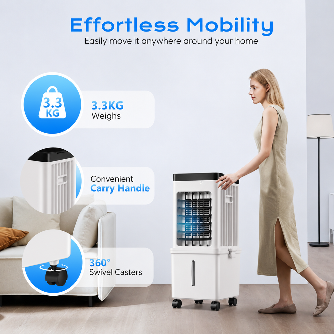 Powerful portable fan & evaporative cooler. Delivers refreshing air for ultimate home summer comfort.