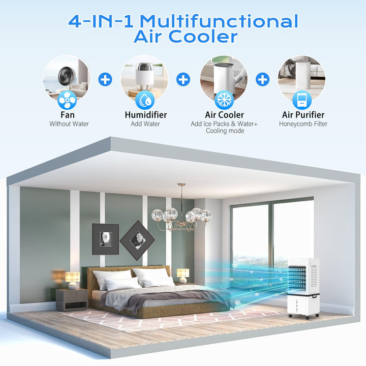 Modern portable evaporative air cooler with 12L tank, remote. Essential for home summer comfort.