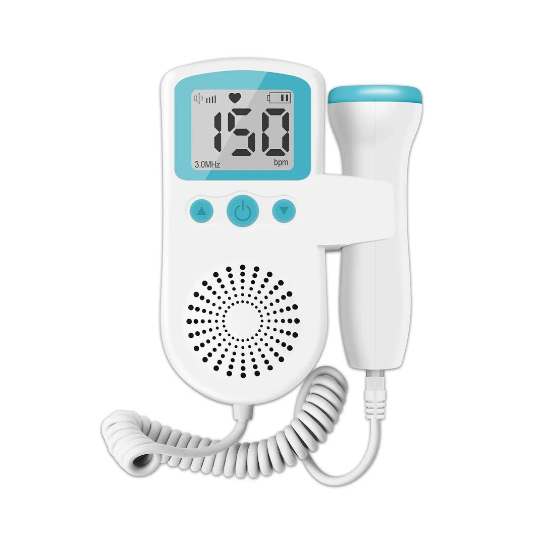 Digital fetal monitor display shows clear baby heartbeat. Essential prenatal care tool for home pregnancy tracking.