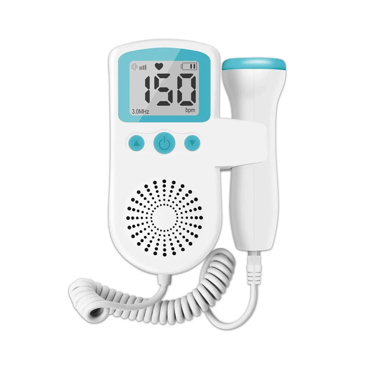 Digital fetal monitor display shows clear baby heartbeat. Essential prenatal care tool for home pregnancy tracking.