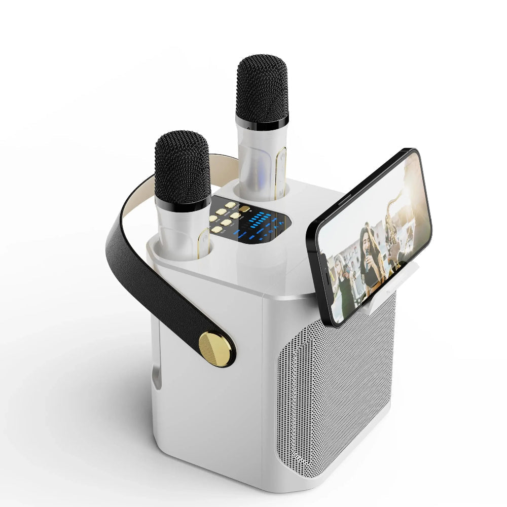 Portable karaoke speaker system with two wireless microphones, Bluetooth, & surround sound for family fun & parties.