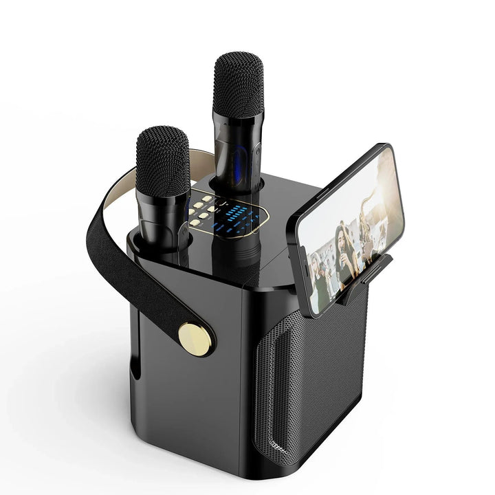 Compact karaoke machine with wireless mics & portable Bluetooth speaker, ideal for outdoor music & home entertainment.