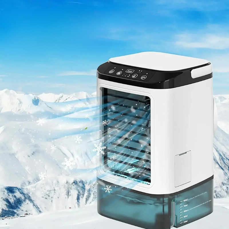 Portable personal air cooler with 3-speed mist fan, ideal for desk & quiet room cooling.