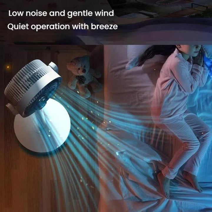 Remote control pedestal fan, rechargeable for cordless use, ideal for quiet cooling.