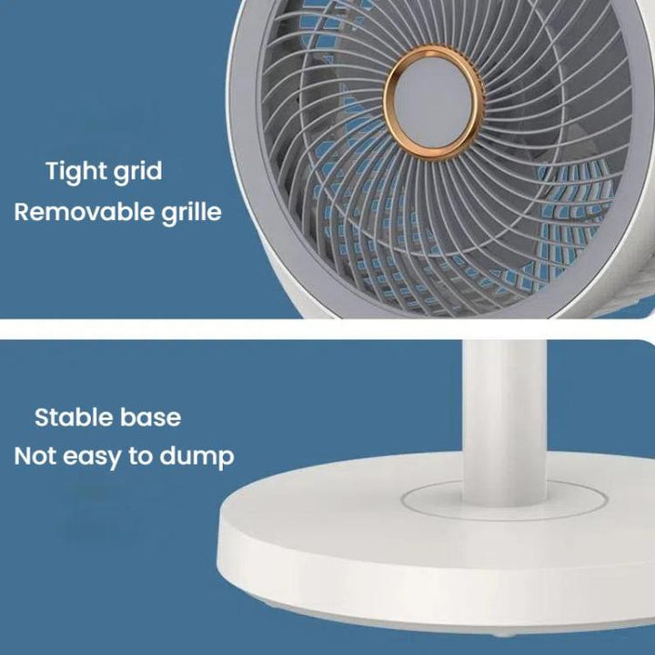 Pedestal floor fan, cordless & rechargeable, remote-controlled for easy adjustments.