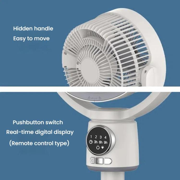 Energy-efficient portable fan, quiet motor, rechargeable battery, and remote functionality.