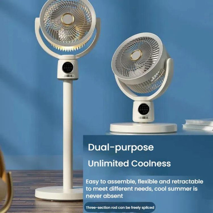 Quiet oscillating floor fan, USB rechargeable with remote, ideal for cooling small spaces.