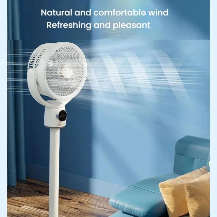 Sleek portable pedestal fan, battery-powered & remote-controlled, perfect for any room.