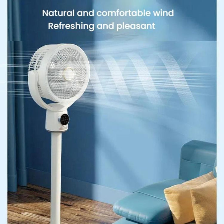 Sleek portable pedestal fan, battery-powered & remote-controlled, perfect for any room.