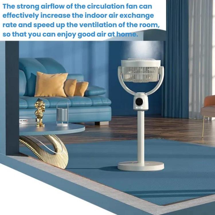 Compact rechargeable fan for desk or floor, features remote control & quiet operation.