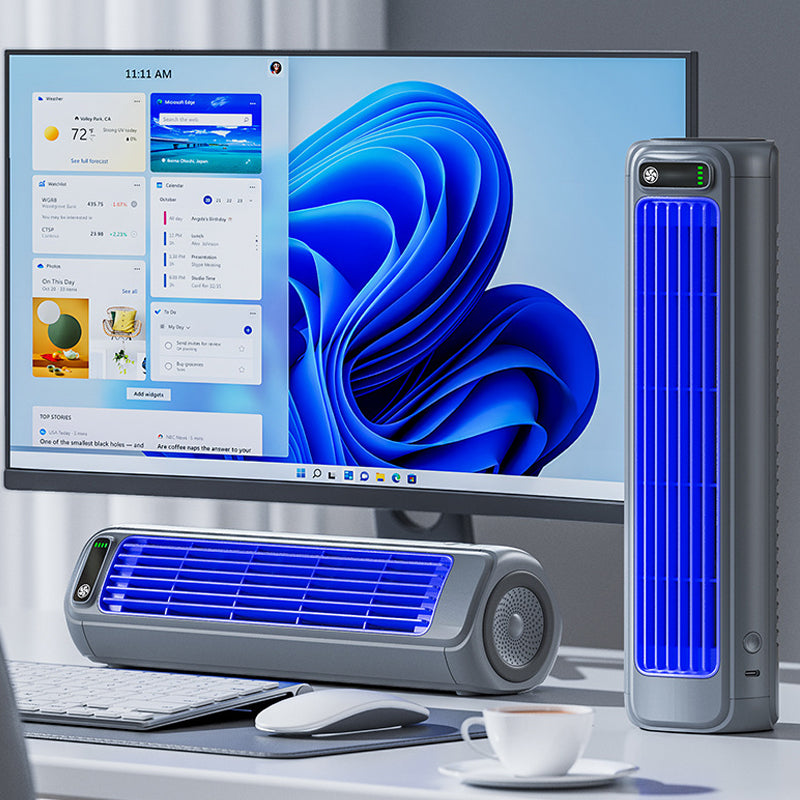 Portable rechargeable personal air cooler for desk, office, and home cooling.