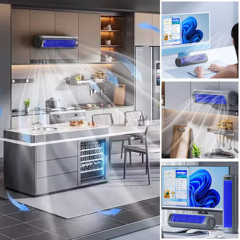 Grey portable air cooler, USB rechargeable, perfect for personal cooling anywhere.