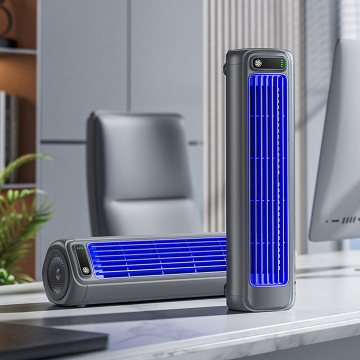 Unisex personal desk fan, compact and rechargeable for efficient home cooling.