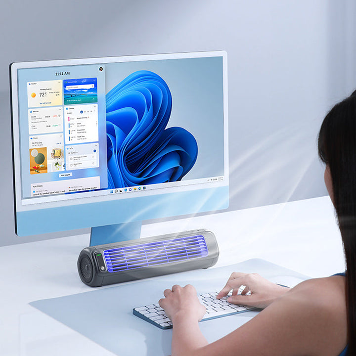 Rechargeable air cooler, portable and cordless, offers personal cooling for travel.