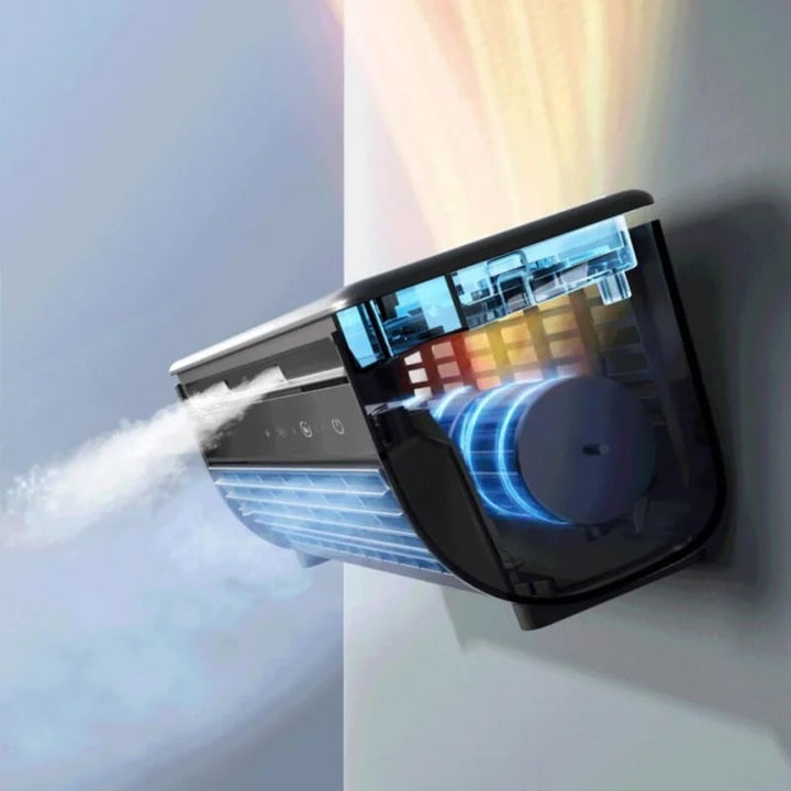 Compact personal cooling device, ideal for office desks, in a sleek grey design.