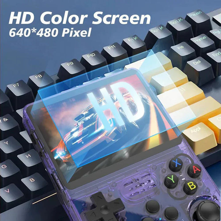 Front view: portable retro gaming console with bright HD display, ready for classic games.