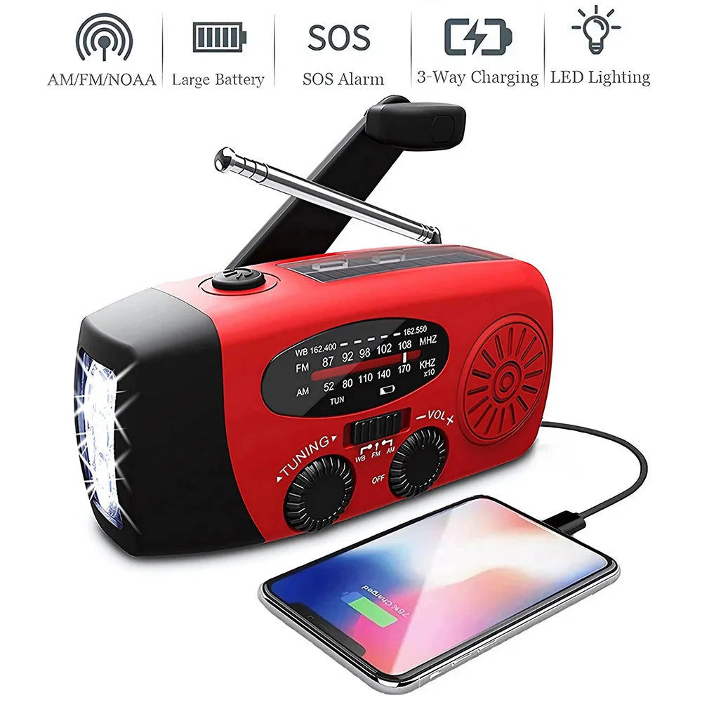 Portable solar hand crank radio with flashlight & phone charger for outdoor emergency survival.