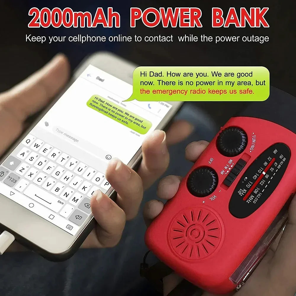 Emergency radio: solar, hand crank, USB. Flashlight, weather alerts, power bank for outdoor camping.
