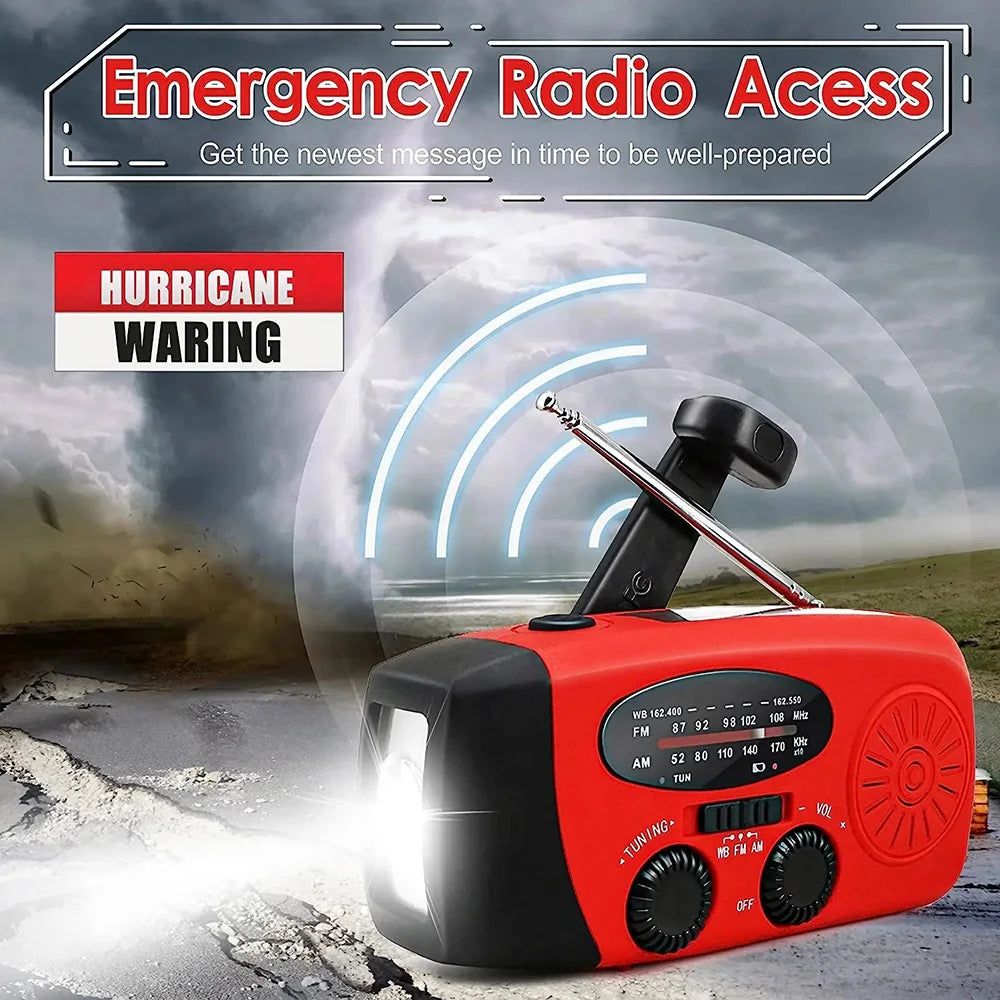 Compact, rugged emergency radio. Solar panel, hand crank, flashlight. Ideal for camping & hiking.