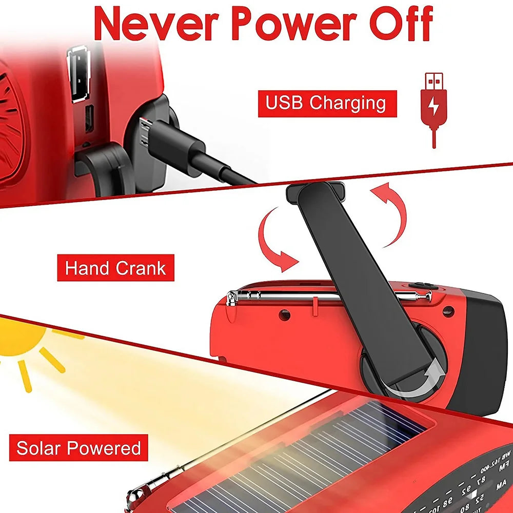 Multi-functional emergency radio: solar, hand crank, LED flashlight, power bank for phones, AM/FM/NOAA weather.